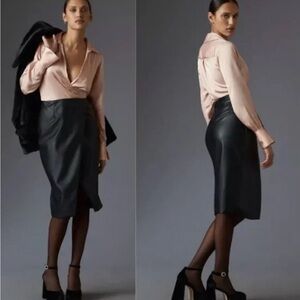 New NWT Anthropologie Long-sleeve V-Neck Satin/Faux Leather Midi Dress size 4